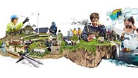 Die Collage von Netzwerk Grüne Arbeitswelt zeigt Menschen in Berufen zu Umwelt und Klimaschutz.